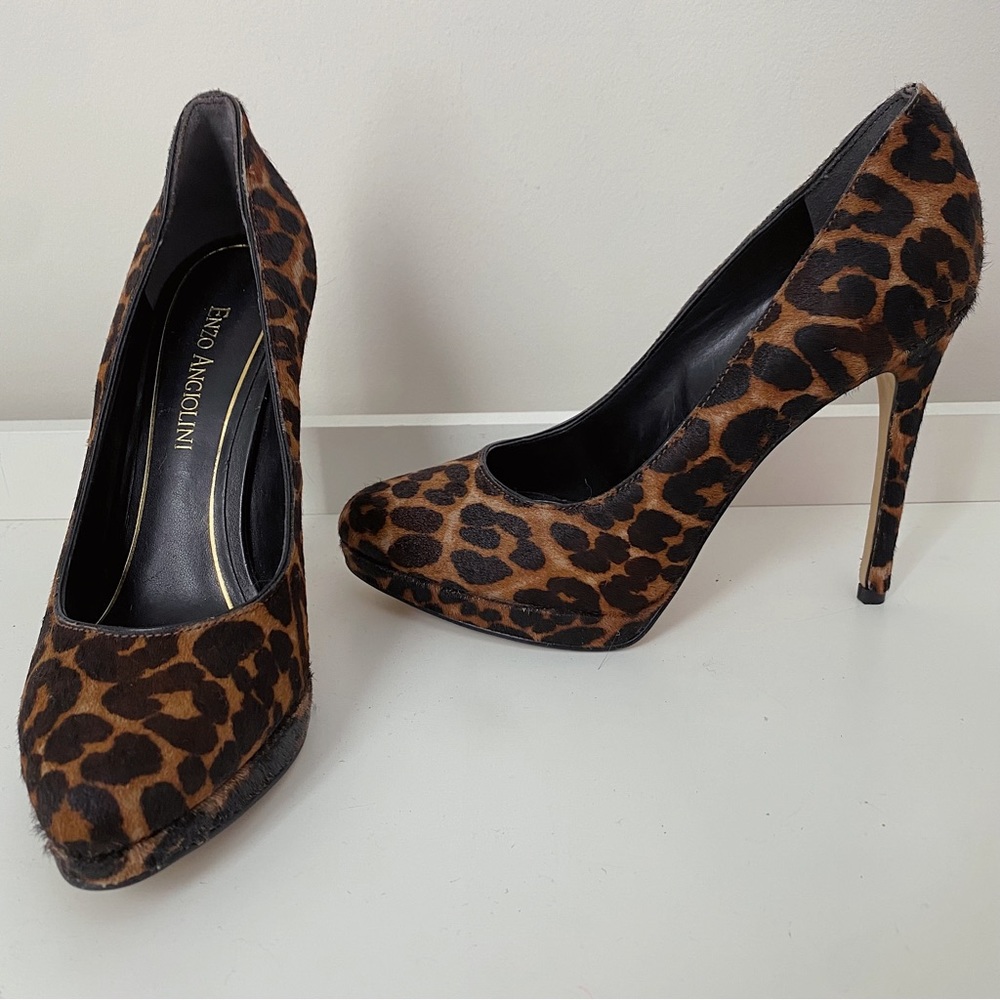 Enzo Angiolini Leopard Calf Hair Fur Platform Heel Pumps 6.5
